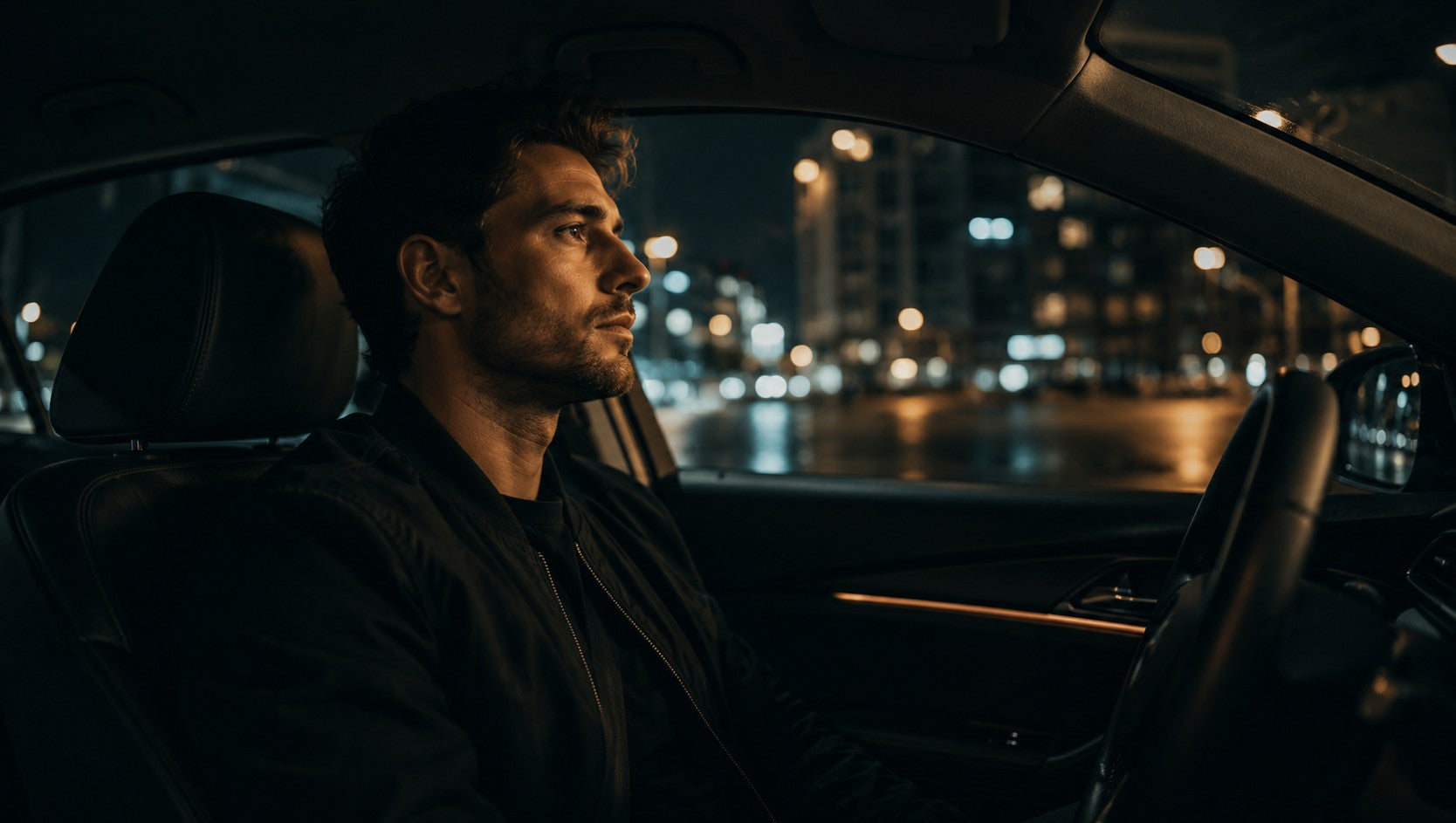 Mann sitzt nachts angespannt im Auto mit unklaren Gedanken
