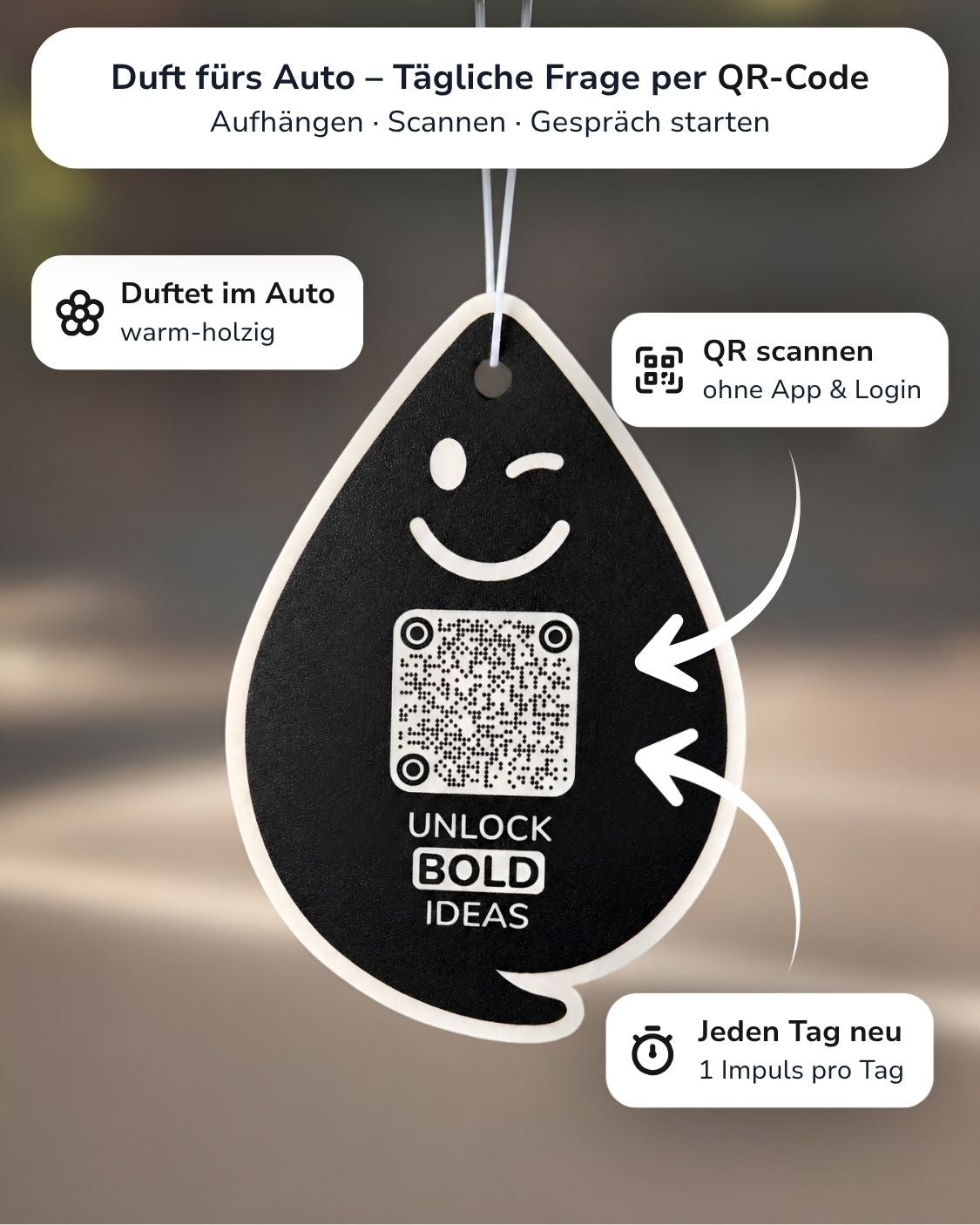 Black Amber BOLD Duftanhänger mit QR-Code von ScanTheDrop vor dunklem Hintergrund