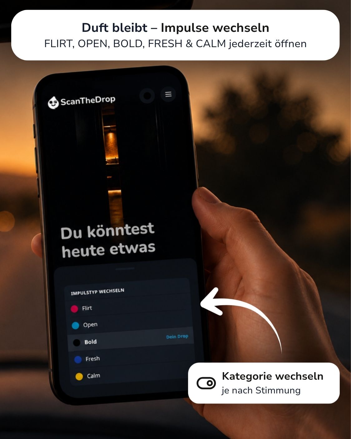 Black Amber BOLD Duftanhänger mit QR-Code von ScanTheDrop mit Gesprächsimpuls Kategorie wechsel auf dem Smartphone