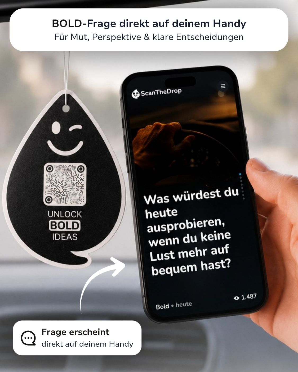 Black Amber BOLD Duftanhänger mit QR-Code von ScanTheDrop am Rückspiegel mit Gesprächsimpuls auf dem Smartphone