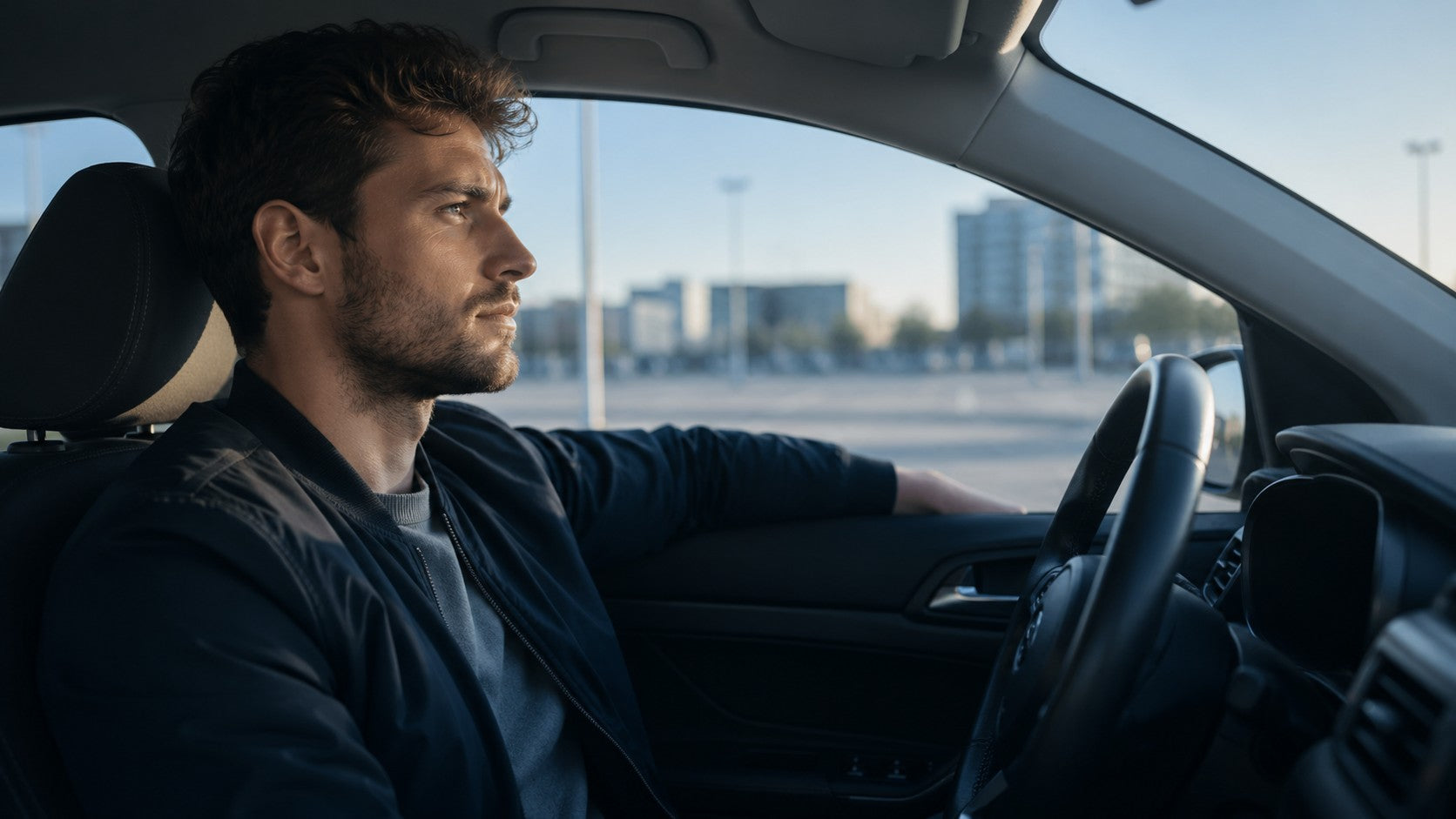 Angespannter Mann im Auto während einer monotonen Alltagsfahrt