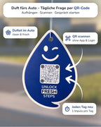 New Car FRESH Duftanhänger mit QR-Code von ScanTheDrop vor klarem Hintergrund