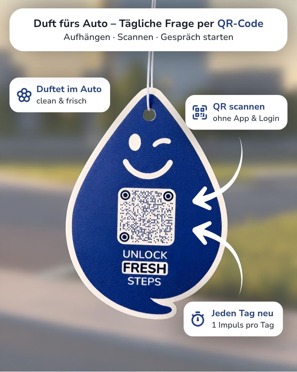 New Car FRESH Duftanhänger mit QR-Code von ScanTheDrop vor klarem Hintergrund