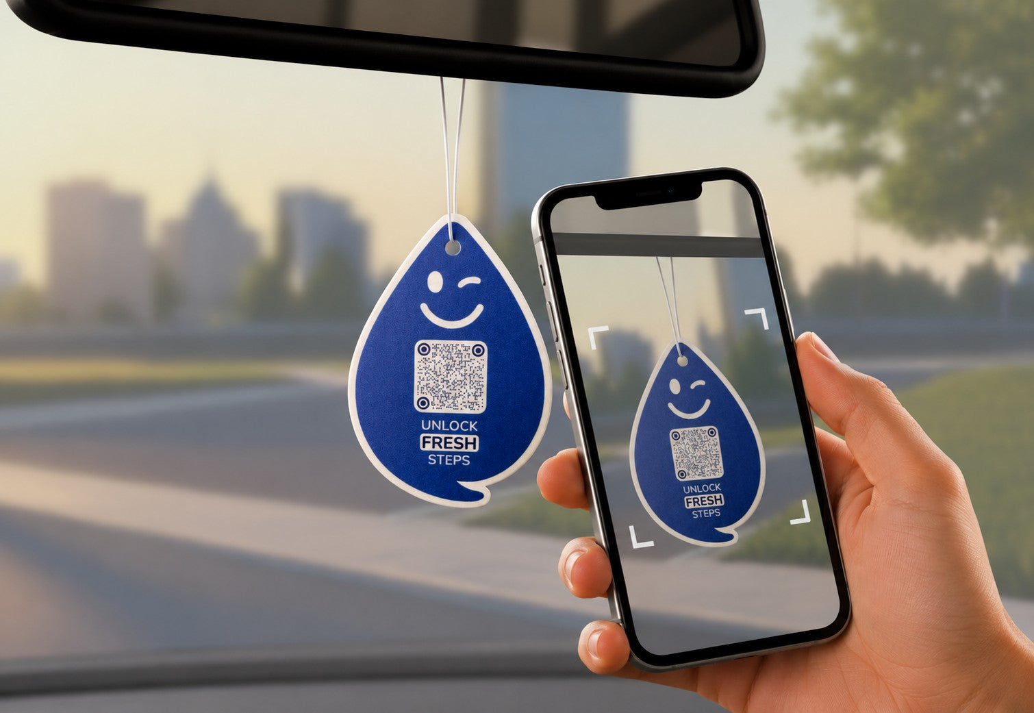 New Car FRESH Duftanhänger mit QR-Code wird im Auto mit dem Smartphone gescannt