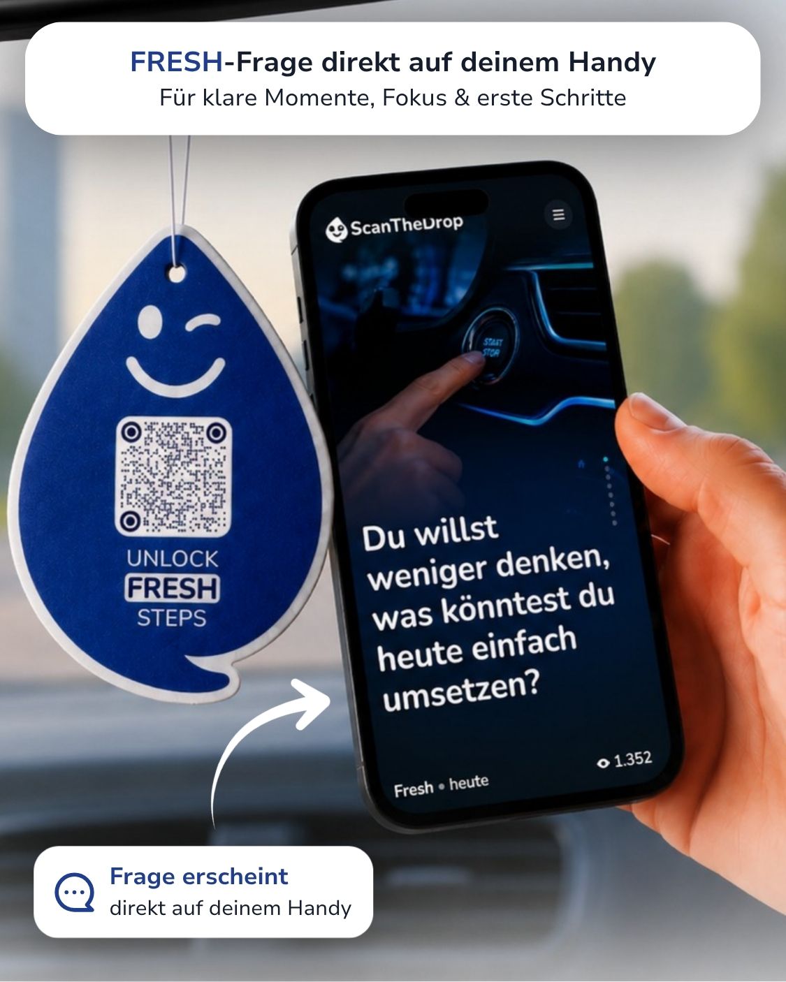 New Car FRESH Duftanhänger mit QR-Code von ScanTheDrop am Rückspiegel mit Gesprächsimpuls auf dem Smartphone