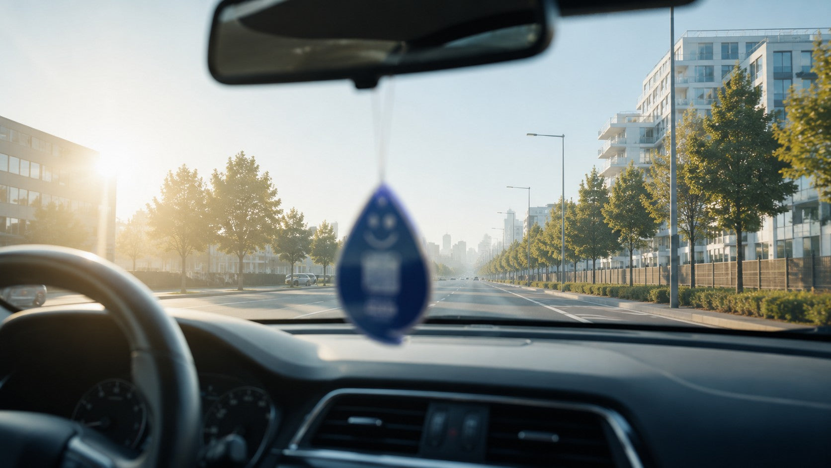 New Car FRESH Auto-Duftanhänger von ScanTheDrop auf einer klaren morgendlichen Autofahrt