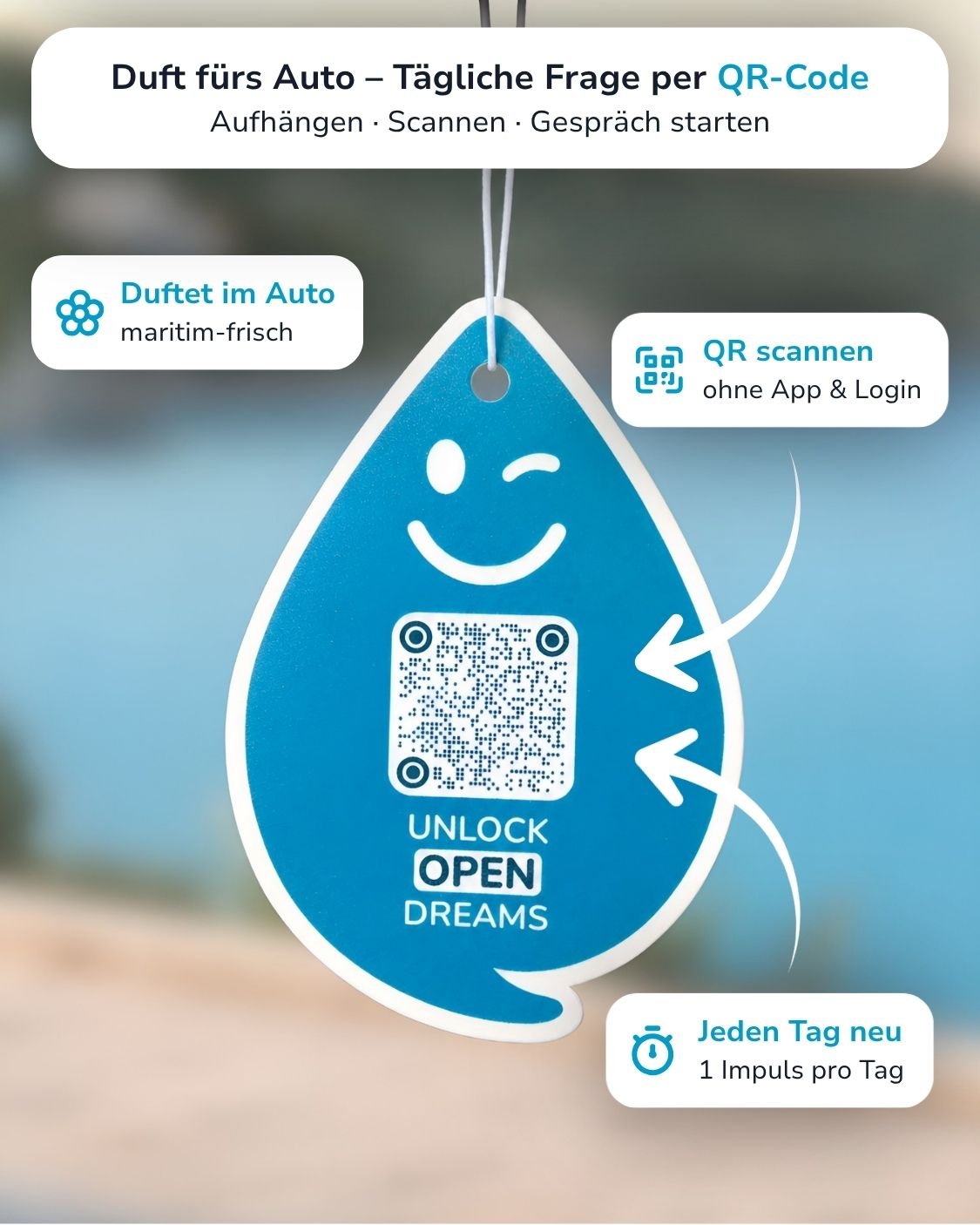 Paradise Aqua OPEN Duftanhänger mit QR-Code von ScanTheDrop vor hellem Hintergrund