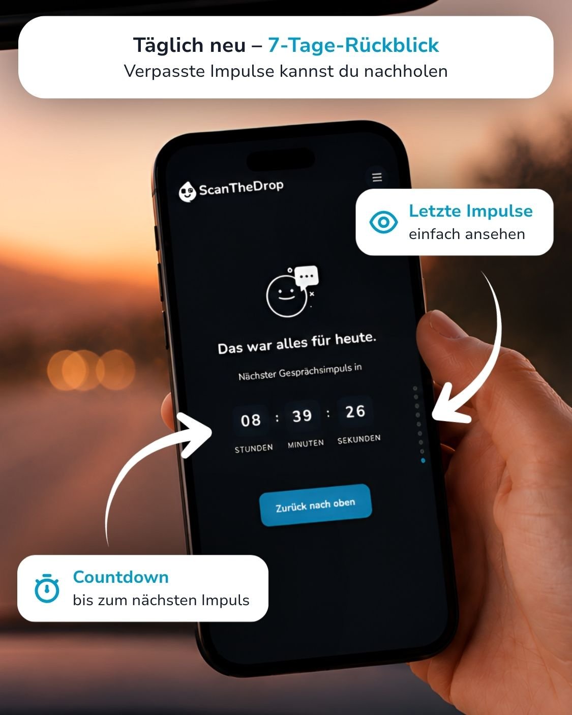 Smartphone im Auto mit ScanTheDrop App und Countdown zum nächsten Gesprächsimpuls bei Sonnenuntergang