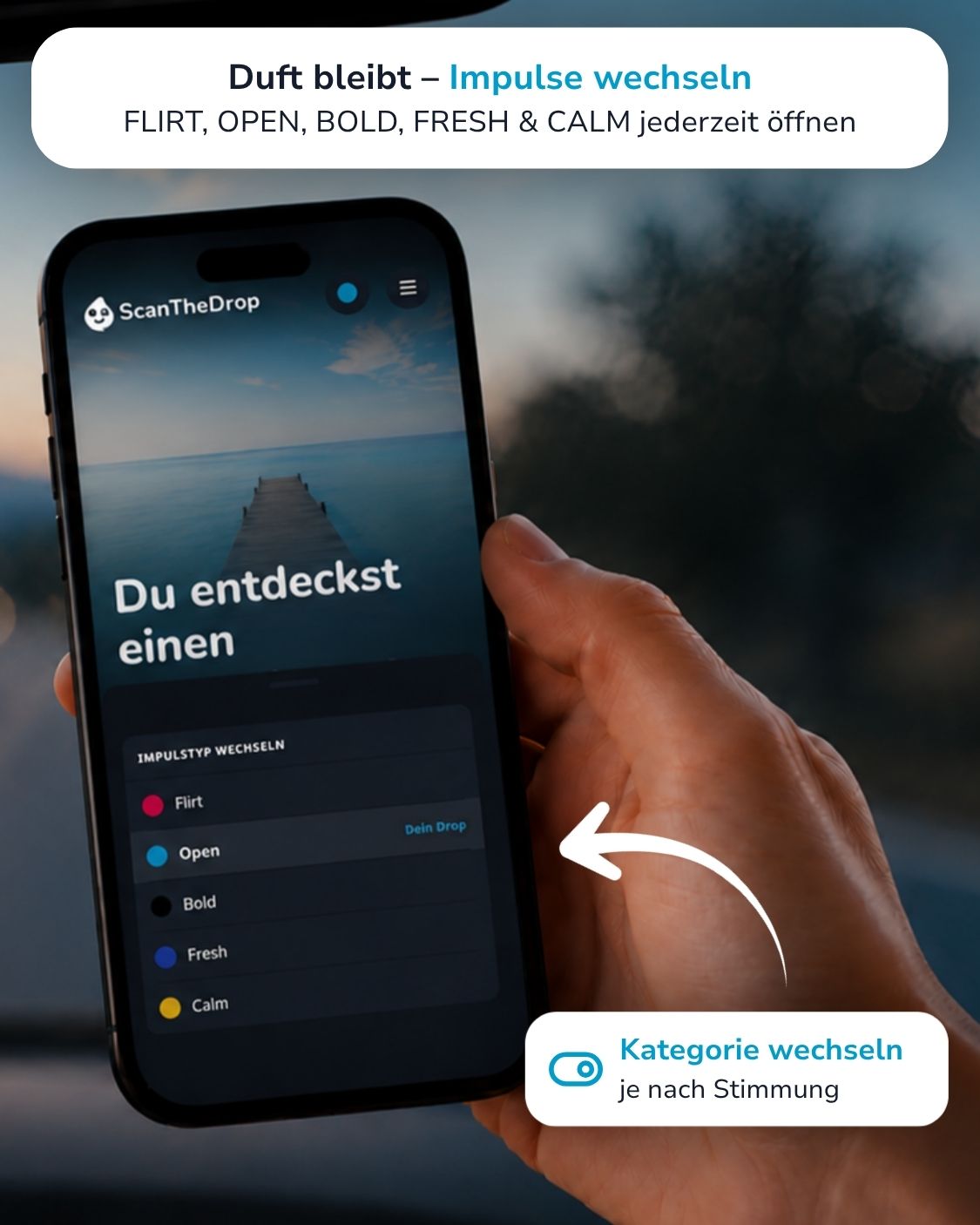 Paradise Aqua OPEN Duftanhänger mit QR-Code von ScanTheDrop mit Gesprächsimpuls Kategorie wechsel auf dem Smartphone