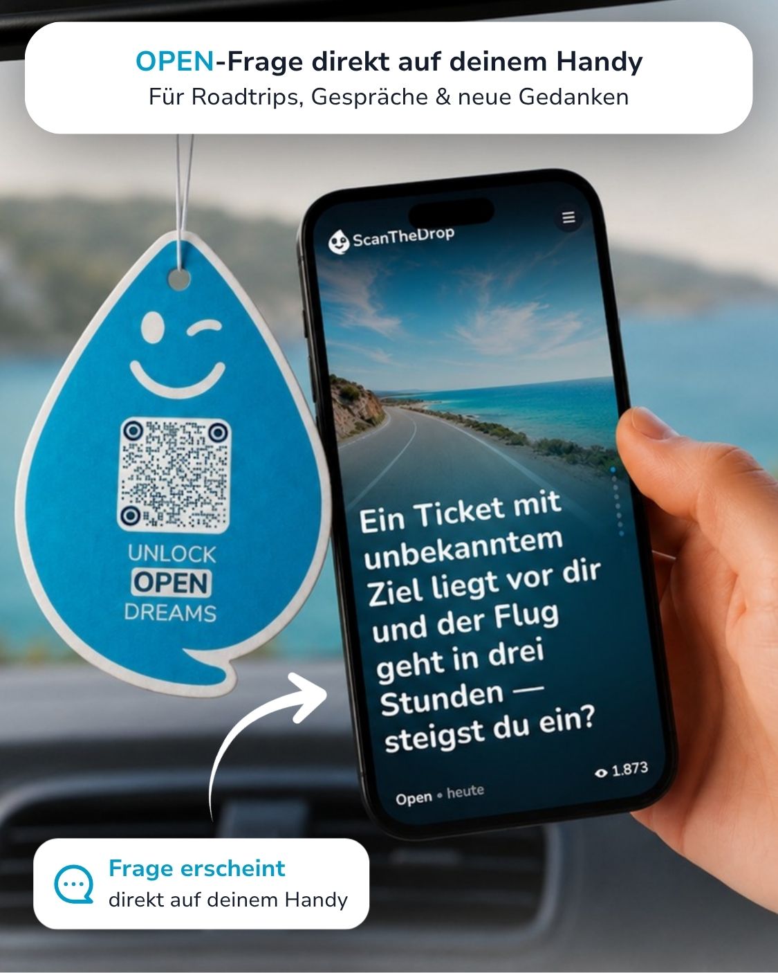 Paradise Aqua OPEN Duftanhänger mit QR-Code von ScanTheDrop am Rückspiegel mit Gesprächsimpuls auf dem Smartphone