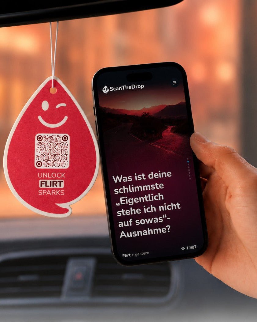 Spark FLIRT Duftanhänger mit QR-Code von ScanTheDrop am Rückspiegel mit Gesprächsimpuls auf dem Smartphone