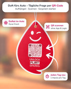 Spark FLIRT Duftanhänger mit QR-Code von ScanTheDrop vor warmem Hintergrund
