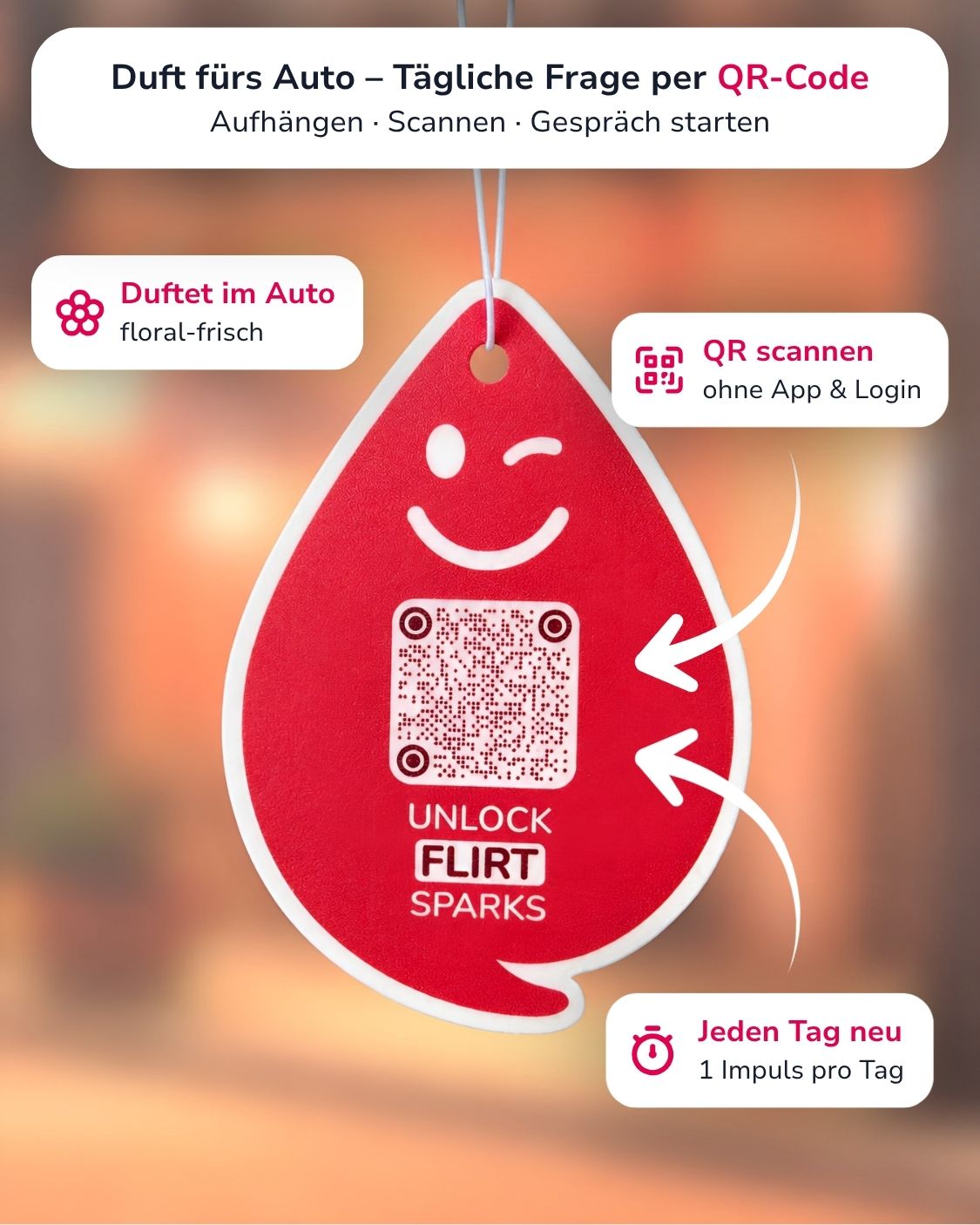 Spark FLIRT Duftanhänger mit QR-Code von ScanTheDrop vor warmem Hintergrund