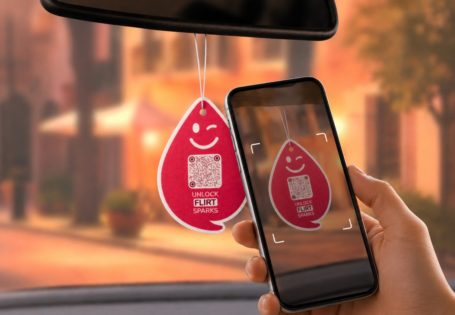 Spark FLIRT Duftanhänger mit QR-Code wird im Auto mit dem Smartphone gescannt