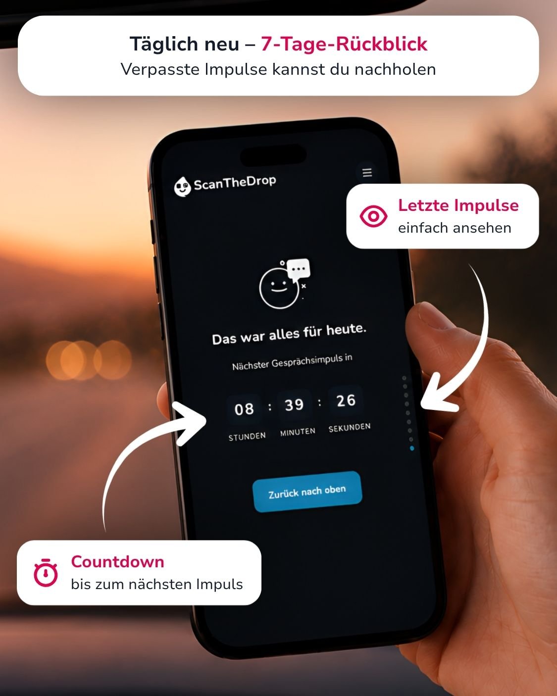 Smartphone im Auto mit ScanTheDrop App und Countdown zum nächsten Gesprächsimpuls bei Sonnenuntergang