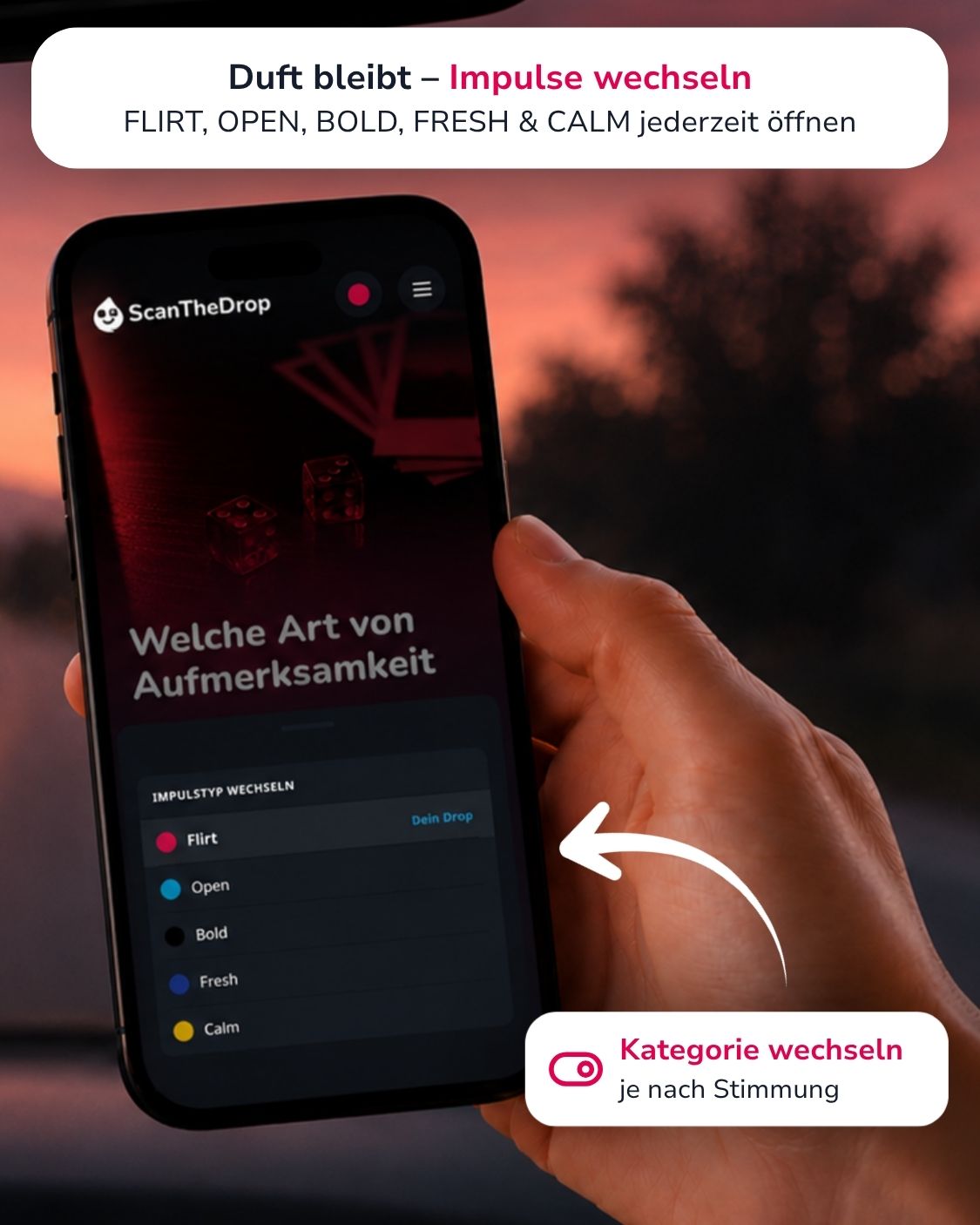 Spark FLIRT Duftanhänger mit QR-Code von ScanTheDrop mit Gesprächsimpuls Kategorie wechsel auf dem Smartphone