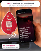 Spark FLIRT Duftanhänger mit QR-Code von ScanTheDrop am Rückspiegel mit Gesprächsimpuls auf dem Smartphone