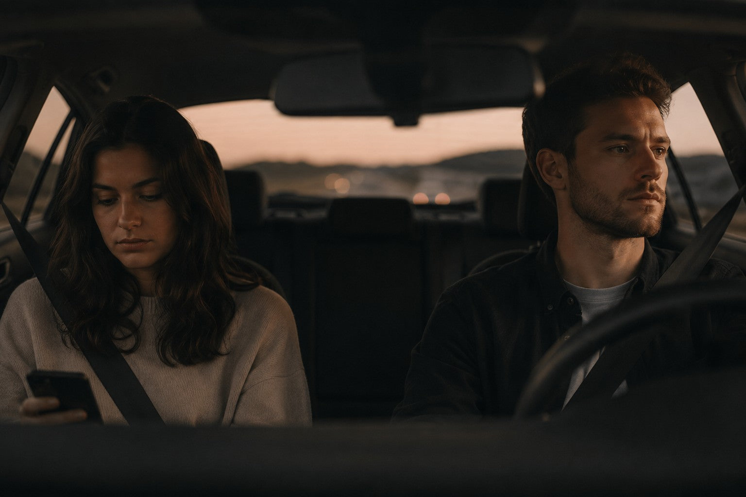 Paar sitzt schweigend im Auto während einer angespannten Alltagsfahrt