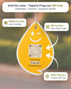 Vanilla CALM Duftanhänger mit QR-Code von ScanTheDrop vor ruhigem Hintergrund