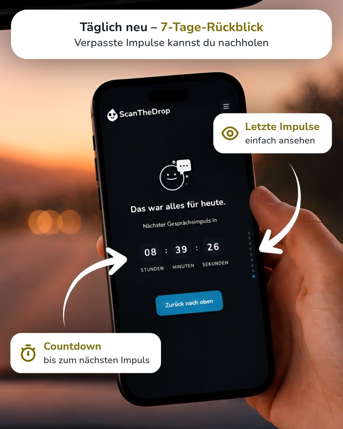 Smartphone im Auto mit ScanTheDrop App und Countdown zum nächsten Gesprächsimpuls bei Sonnenuntergang