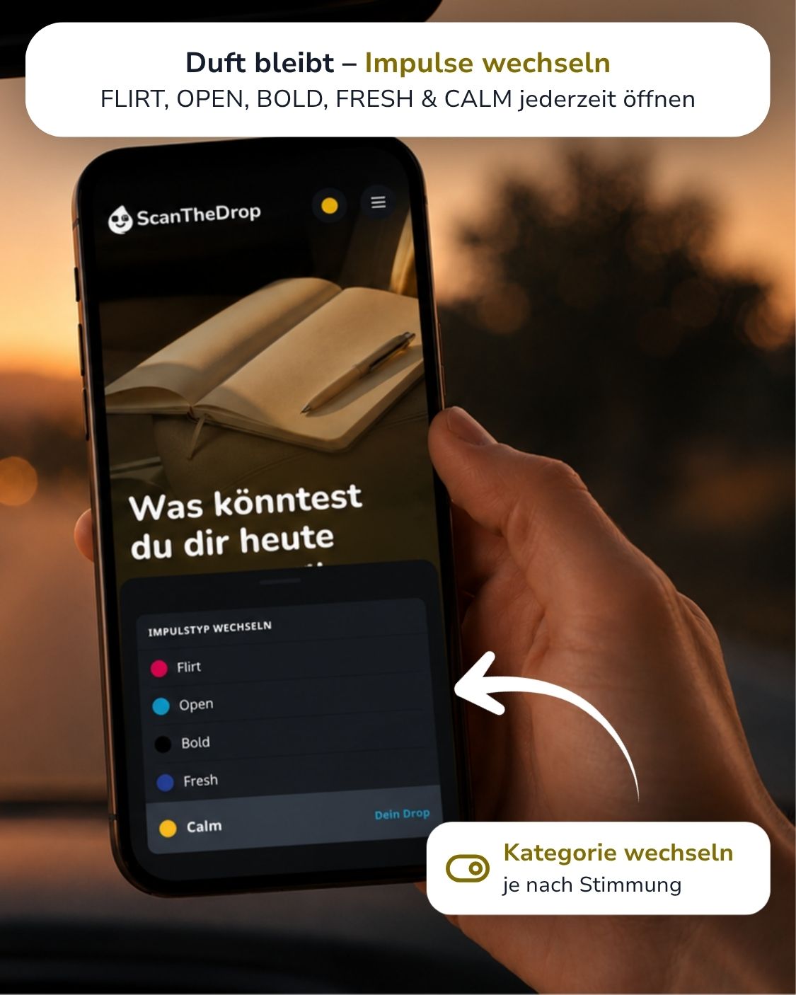 Vanilla CALM Duftanhänger mit QR-Code von ScanTheDrop mit Gesprächsimpuls Kategorie wechsel auf dem Smartphone