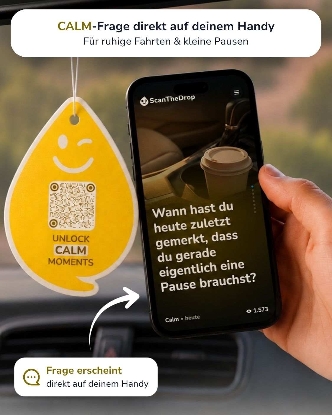Vanilla CALM Duftanhänger mit QR-Code von ScanTheDrop am Rückspiegel mit Gesprächsimpuls auf dem Smartphone